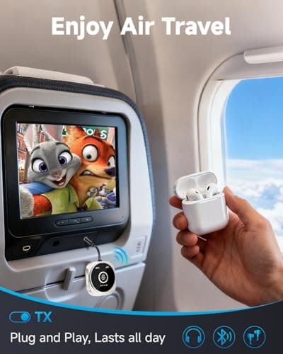 GEYILO Airplane Bluetooth 5.4 Transmitter Receiver with aptX Low Latency,Supports 2 AirPods or Headphones, 24Hr Playtime, 3.5mm AUX Wireless Audio Adapter for Home Stereo, Travel Flight, Home, Gym - Thumbnail 3