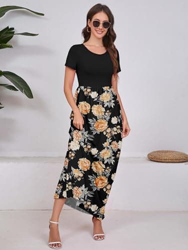 DEARCASE Women Long Maxi Dress Flower Yellow Black Small Crewneck Boho Short Sleeve A-line Casual Hawaiian Flowy Party Vintage Spring Summer Beach Dresses with Pockets - Thumbnail 4