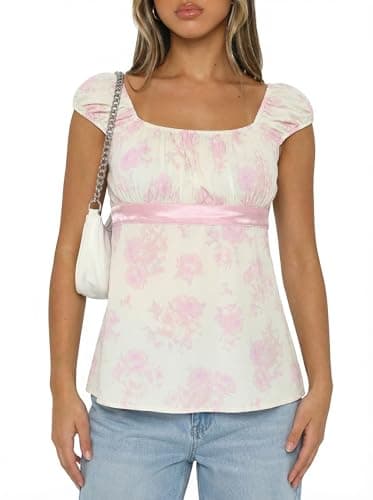 Women's Babydoll Tops Y2k Fairy Baby Doll Tops, Cap Sleeve Polka Dot Top with Adjustable Waist Tie, Flowy Preppy Summer Top - Image 1