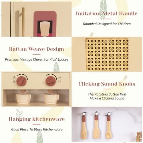 Wooden Kitchen Playsets for Kids, Pretend Play Kitchen with Realistic Clicking Sounds, Gold Faucet, Coffee Maker & Cooking Accessories, Set for Toddlers Boys Girls Age 3+ - Thumbnail 3