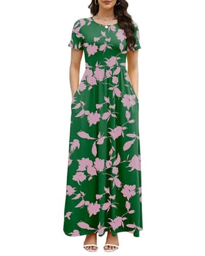 COSSEN Women’s Crewneck Short Sleeve Maxi Dress Green Print XX-Large with Pockets – Casual Loose Swing Sundress for Wedding Guest, Beach & Vacation - Image 1