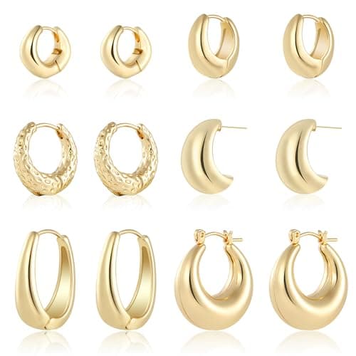 Wgoud 6 Pairs Gold Hoop Earrings Set for Women, 14K Gold Plated Hypoallergenic Lightweight Chunky Open Huggie Hoops Earrings Jewelry for Gift. (6 new gold hoops) - Image 1