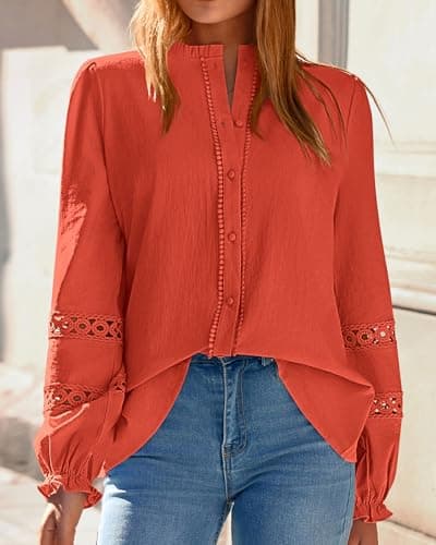 KIRUNDO Going Out Tops for Women 2026 Spring Fashion Boho Cotton Eyelet Long Sleeve Button Up Shirt Lace Dressy Casual Blouse(Orange, Large) - Thumbnail 3
