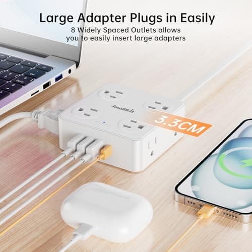 6.5Ft Power Strip with Surge Protector, 8 Outlets 4 USB Ports Extension Cord, Flat Plug Charging Station for Home Office Desk & College Dorm Essentials, White - Thumbnail 4