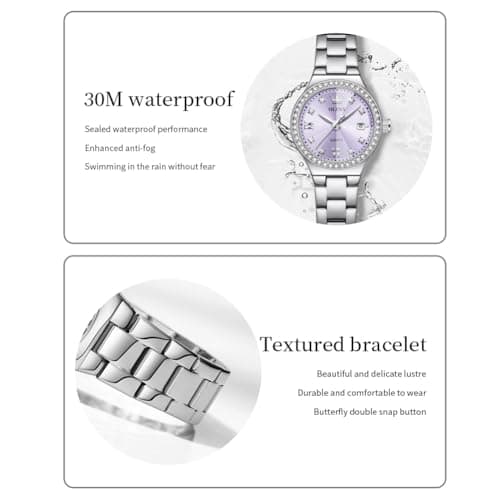 OLEVS Watch Women Purple Watches for Women Luxury Silver Ladies Watches Diamond Small Face Women's Wrist Watch Dress Stainless Steel Waterproof Dainty Analog Quartz Date Elegant Reloj para Mujer - Thumbnail 5