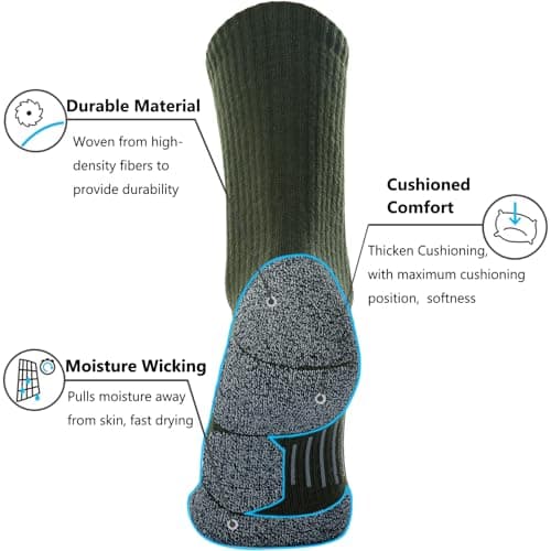 CWVLC Hiking Crew Socks, 3-Pack Men Women Boot Socks for Walking, Hunting, Camping, Winter Outdoor Work, Cosy Cushion, Moisture Wicking, Arch Compression, Anti Blister, Large, Green - Thumbnail 4