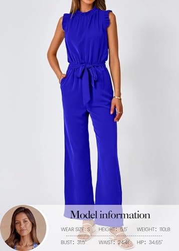 KIRUNDO Jumpsuits For Women Dressy Summer One Piece Sleeveless Ruffle Mock Neck Belt Pockets Formal Wide Leg Pants Romper(Royal Blue, Large) - Thumbnail 2