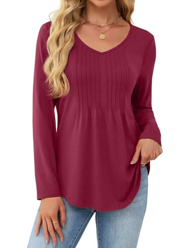 JUSTFASHIONNOW Long Sleeve Tops for Women Fall Shirts V Neck Trendy Casual Tunic Pleated Blouse Business Dressy Outfits Christmas Tops for Leggings (Wine Red, Small) - Image 1