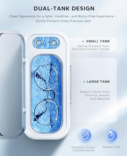 SUNPOW Ultrasonic Jewelry Cleaner Machine– Dual Chambers for Contact Lenses & Jewelry, 45kHz Sonic Cleaner for Silver & Gold, Rings, Earrings, Glasses, Watches, Necklaces – Quiet 45dB, Deep Cleaning - Thumbnail 3