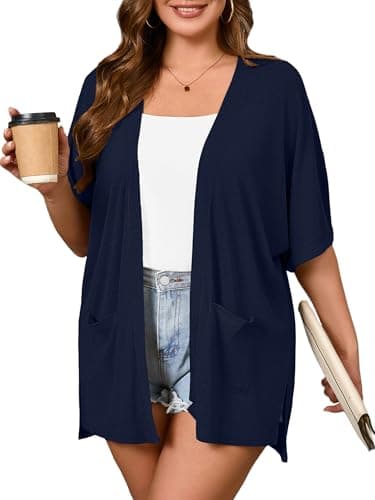 AusLook Plus Size Navy Blue Cardigan for Women 2X Short Sleeve Lightweight Open Front Shrug with Pockets for Dresses and Layering - Image 1