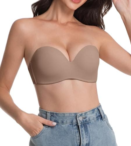 ZYQEXA Strapless Push Up Bras for Women - Underwire Supportive Plunge Convertible Halter Racerback Bralette Full Coverage Seamless Non Slip Workout Sexy Tshirt Invisible Bra, Coffee, 36D - Thumbnail 5
