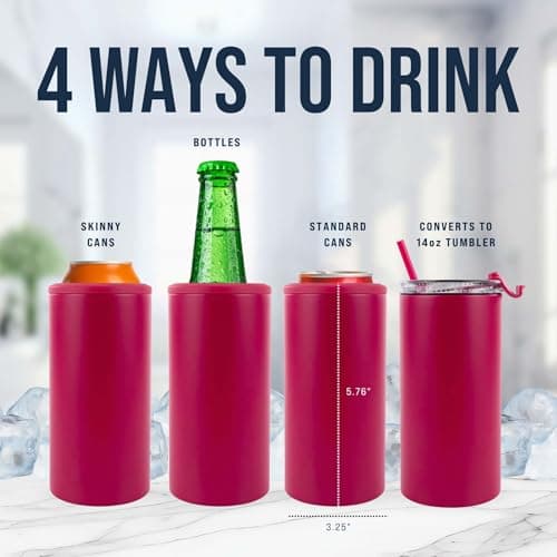 4 in 1 Universal Can Cooler - Hot Pink, Can Holder Insulated, Beer Bottle Cooler, Universal Holder for All Drink Sizes, Stainless Steel Insulated Tumbler, Tailgating Accessories - Thumbnail 2