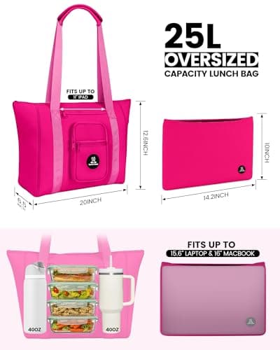 Sports Rabbit Extra Large Neoprene Lunch Bags for Women – 2-in-1 Insulated Tote with 15.6" Laptop Sleeve – Fashionable, Washable Leakproof Cooler Purse & Ideal Gift for Nurses, Teachers (Rose Red) - Thumbnail 2