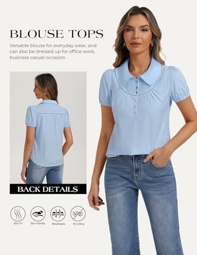 Belle Poque Short Puff Sleeve Blouses for Women Peter Pan Collar Dressy Work Shirts Summer Cotton Tops Blue XXL - Thumbnail 4
