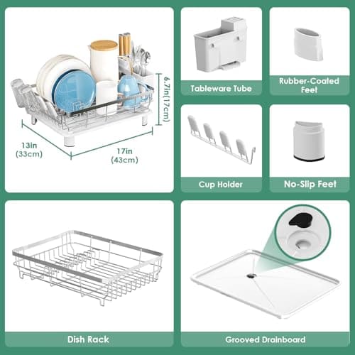 MOUKABAL Dish Drying Rack, Dish Rack, Stainless Steel Dish Racks for Kitchen Counter, Dish Drainer with Removable Utensil Holder, Drainboard (White,Stainless Steel,13''W x 17''L) - Thumbnail 3