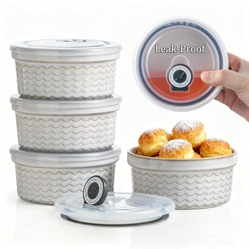 12 oz Ramekins with Lids Airtight Ceramic Storage Containers with Lids for Meal Prep/Moving/Freezer/Oven, Creme Brulee Ramekin Sets with Covers for Leftovers, Baking, Cooking, Beige Ripple - Image 1