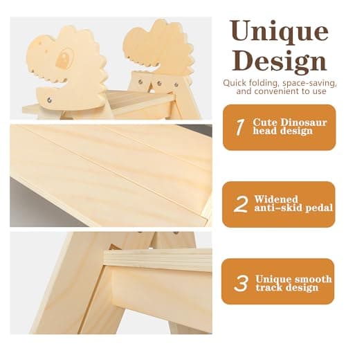 TinyHaven Wooden Toddler Step Stool, 2-Step Foldable Stool for Kids with Non-Slip Surface, Baby Bathroom Stool for Potty Training, Bathroom Sink, Kitchen Counter with Cute Dinosaur Design, Natural - Thumbnail 4