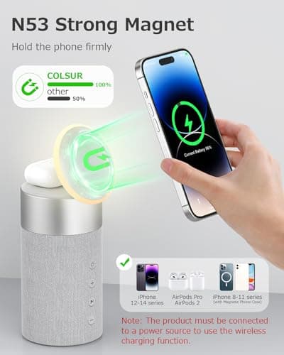 COLSUR Bluetooth Speaker, Magnetic Wireless Charger, Bluetooth Speakers with Night Light, 2 in 1 Wireless Charging Station for iPhone 17/16/15/14/13/12 Series, AirPods Pro 2/4/3/2（Gift Ideal）(Gray) - Thumbnail 4