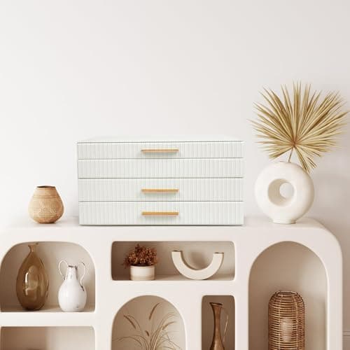 Dajasan Jewelry Box Organizer, 3-Tier Large Jewelry Storage Organizer with 2 Drawers, Space-Saving Jewelry Boxes for Women, PU Leather Surface with Texture, Gift Idea, Modern Style (White) - Thumbnail 5
