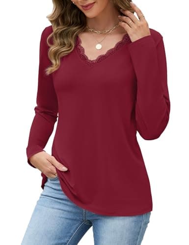 JUSTFASHIONNOW Shirts for Women Long Sleeve Lace Tops V Neck Solid Tshirt Plus Size Blouses Business Casual Fashion Tops Trendy Winter Clothes (Wine Red,XX-Large) - Thumbnail 3