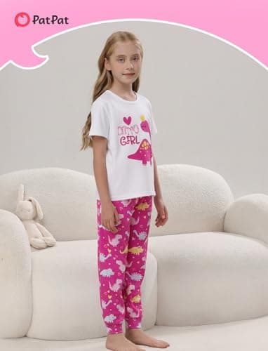 PATPAT Girls Pajama Set Playful Print PJs Soft Short Sleeve Top and Pants Sleep Wear Comfortable 2pcs Nightwear Sets Hot Pink Dinosaur 6 Year - Thumbnail 3