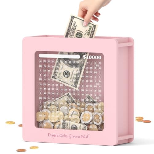 Summidate Wooden Money Saving Box, 10000 Challenge Cash Vault Savings Box with Tracker Stickers and Removable Windows, Reusable Piggy Bank for Adults & Kids, Birthday/Baby Shower/Wedding Gift