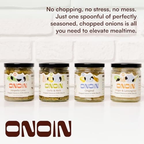ONOIN Chopped Onions in 100% Olive Oil - Seed Oil Free & Ready-to-Use Flavor Base & Topping | Variety Pack 9 oz (Pack of 4) In Glass Jar | Fresh Marinated Onions & All Natural Cooking Base for Sauces, Soups, & Recipes - Thumbnail 6