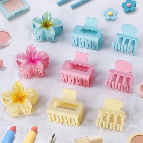 Hair Clips for Women 9 Pack Medium Claw Clips, No Slip Strong Hold Hair Clips for Thick & Thin Hair, Flower Square Aesthetic Styles for Everyday Styling, Trendy Hair Accessories (Pink) - Thumbnail 5