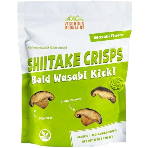 VIGOROUS MOUNTAINS Wasabi Shiitake Mushroom Snack Chips, 6 oz | Crunchy Veggie Crisps, Non-GMO, Low-Fat High Fiber, Vegetarian-Friendly | Ideal for Office, Camping, On-the-Go Snacks