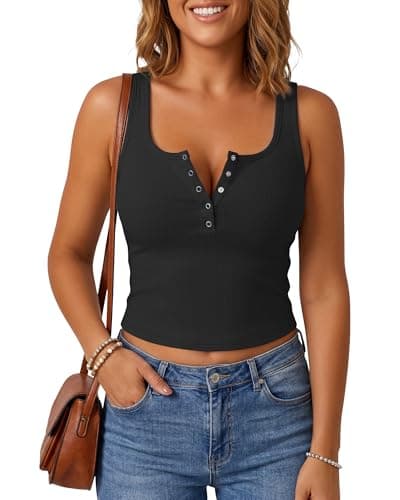 G4Free Henley Tank Top Cropped Going Out Sleeveless Tanks Ribbed Square Neck Fitted Vacation Crop Tops (Black,L) - Image 1