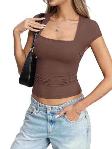 Eachyes Womens Square Neck Short Sleeve Shirts Cap Sleeve Low Cut Tops Sexy Slim Fit Basic Tee Y2k Going Out Cute Summer Crop Outfits 2026 Brown Small - Thumbnail 4