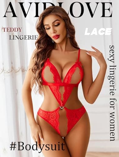 Avidlove Women Lingerie Lace Bodysuit Teddy Deep V Neck One Piece Babydoll Red XS - Thumbnail 3