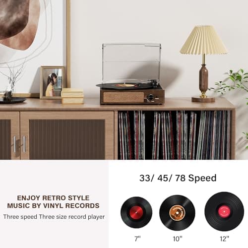 Bluetooth Vinyl Record Player,3-Speed Turntable with Stereo Speakers Vintage Phonograph Record Player, with RCA Line Out AUX in Headphone Jack Coffee Wood - Thumbnail 4