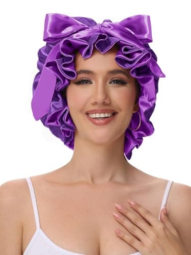 Vettres Cute Adjustable Silk Bonnet for Sleeping Double Layer Satin Cap Hair Sleep Bonnet for Curly Hair Purple - Thumbnail 3