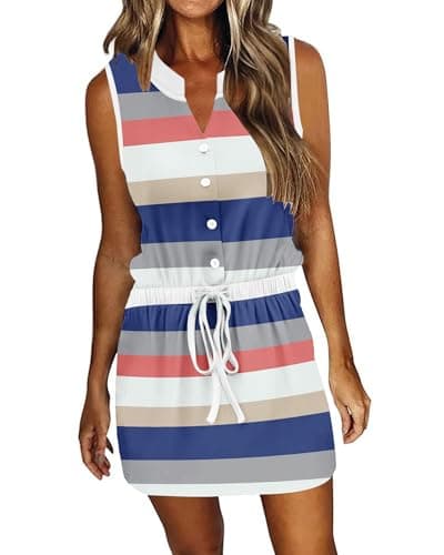 AUSELILY Womens Summer Dresses 2025 Casual V Neck Sleeveless Drawstring Button Mini Dress with Pockets, Blue White Stripes XL - Image 1