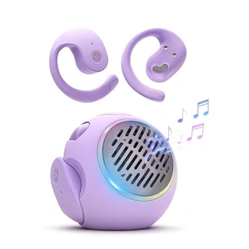 Xmenha 2 in 1 Small Mini Portable Bluetooth Speaker and Open Ear Over the Ear Buds Kids Earbuds Purple Air Bone Conduction Headphones Wireless Bluetooth for Outdoor Sports Kids