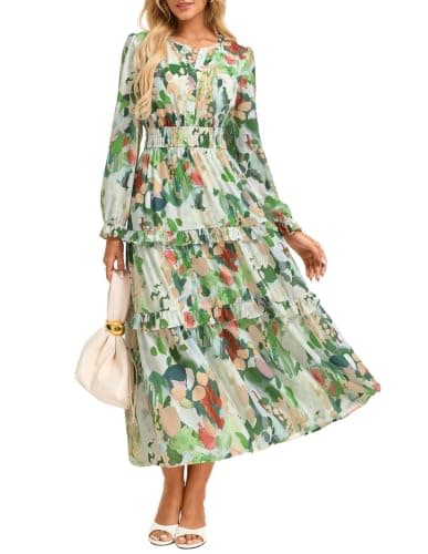 GRACE KARIN Women's Floral Long Sleeve Maxi Dress 2026 V Neck Fall Wedding Guest Outfits Boho Flowy Dresses with Pockets Green Floral L - Image 1