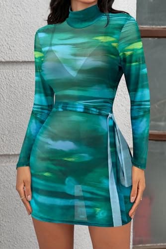 MSVLDR Sexy Long Sleeve Mini Dress for Women Sheer Mesh Printed Crew Neck Bodycon Party Clubwear See Through Dresses Green X-Small - Thumbnail 4