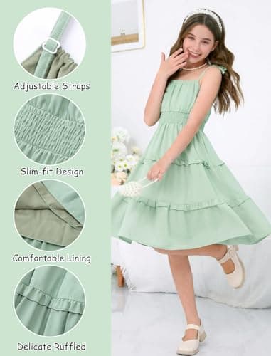 HOZIY Summer Beach Dress for Girls Spring Green Birthday Casual School Cami Midi Dresses Vestidos para Niñas Little Kids Ruched Layered Ruffled Tiered Sleeveless Party Formal Junior Sundress Size 5-6 - Thumbnail 4