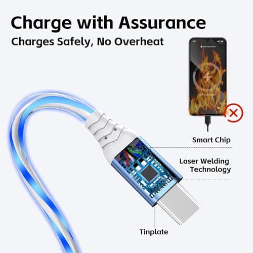 3-Pack 3.3FT USB C Charging Cables, Flowing Light Up Charger Cord, Compatible with Samsung Galaxy, iPhone 16/15, iPad, and More (Blue, Green, Pink with Red Light) - Thumbnail 5
