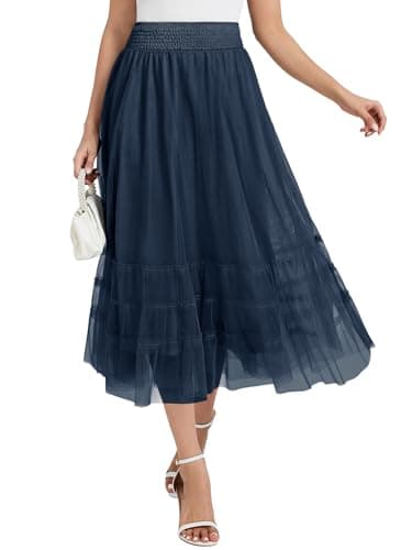 Casly Lamiit Maxi Skirts for Women Tulle Long Tiered Midi Skirt Elastic High Waisted A Line Flowy Casual Skirts Navy Blue XS - Image 1