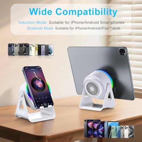 Wireless Induction Audio Bluetooth Speaker, 4 in 1 Phone Speaker Amplifier Phone Stand with RGB Light and Adjustable Holder for Tablet iPhone Android, Uqique Birthday Gift for Men Women Teens - Thumbnail 3
