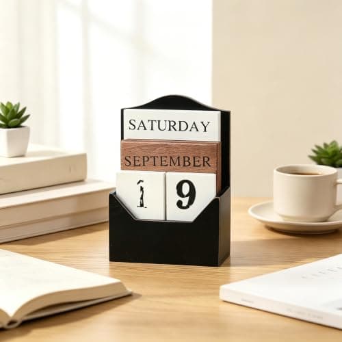 Perpetual Calendar Wooden Blocks Calendar for Home Valentines Day Gift Decor Office Decorations Desk Date Week Month Accessories (Black Calendar) - Thumbnail 2