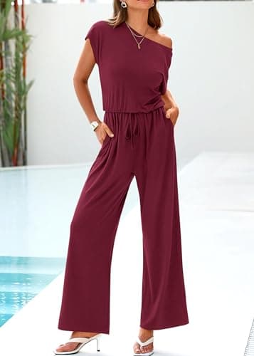 KIRUNDO Womens Jumpsuit 2026 Casual Summer Loose One Piece Off Shoulder Elastic Waist Wide Leg Long Romper with Pockets(Wine Red, Small) - Thumbnail 3