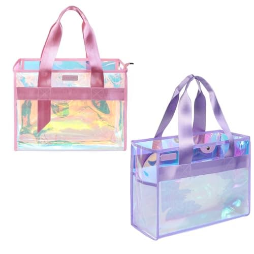 Gryvol 2-Piece 26L Iridescent Beach Bag for Women, Purple Tote Bag with Snap Closure & Pink Clear Bag with Zipper, Waterproof Large Beach Totes for Family Summer Travel Essentials - Image 1
