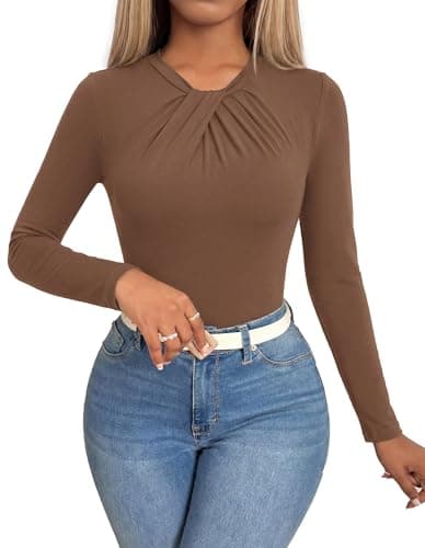 KIRUNDO Long Sleeve Tops for Women Business Casual Outfits Slim Fitted Knit Twist Knot Work Office Shirt Blouse Going Out Top(Brown, X-Large) - Image 1