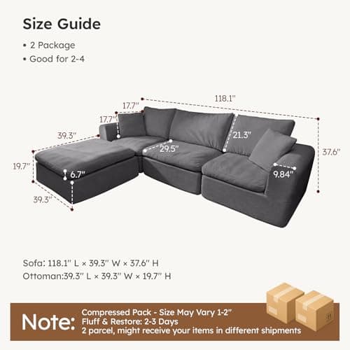BERRY NEST 118" Modular Sectional Sofa, Cloud Couch with L-Shaped Chaise, Upholstered Deep Seat Boneless Sectional - Thumbnail 2