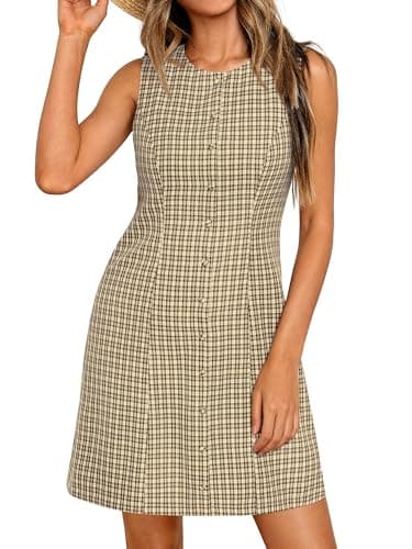 BTFBM Summer Dresses for Women 2026 Plaid Sleeveless Zip Up A Line Mini Dress Business Casual Vacation Gingham Sundress(Khaki, XX-Large) - Thumbnail 2