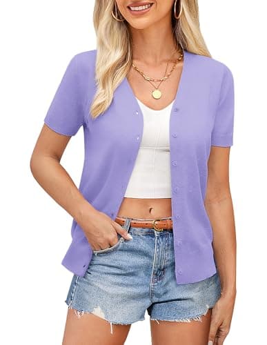 GRACE KARIN Purple Cardigan for Women Lightweight Short Sleeve Sweater Summer Knit Outfitss (Lavender Purple,L) - Image 1