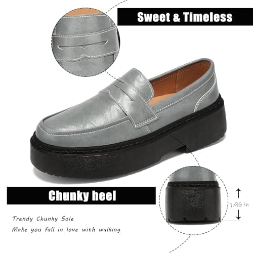 BEAUSEEN Women's Platform Chunky Penny Loafers Comfortable Lug Sole Slip-On Business Work Casual Dressy Shoes Grey, 8 US - Thumbnail 5